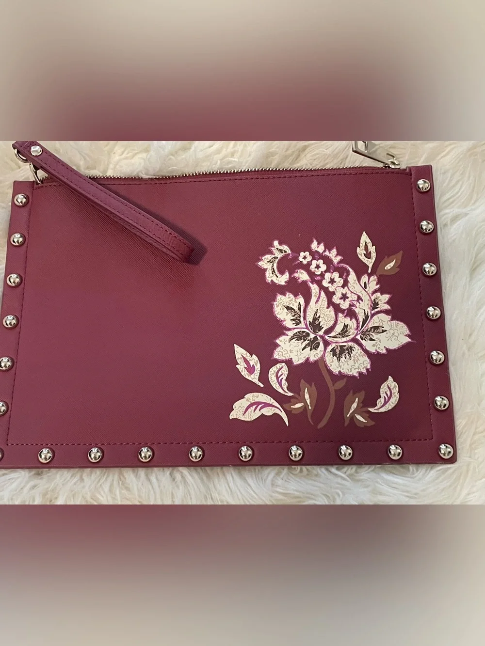 White House Black Market Leather Wine Floral Studded Wristlet